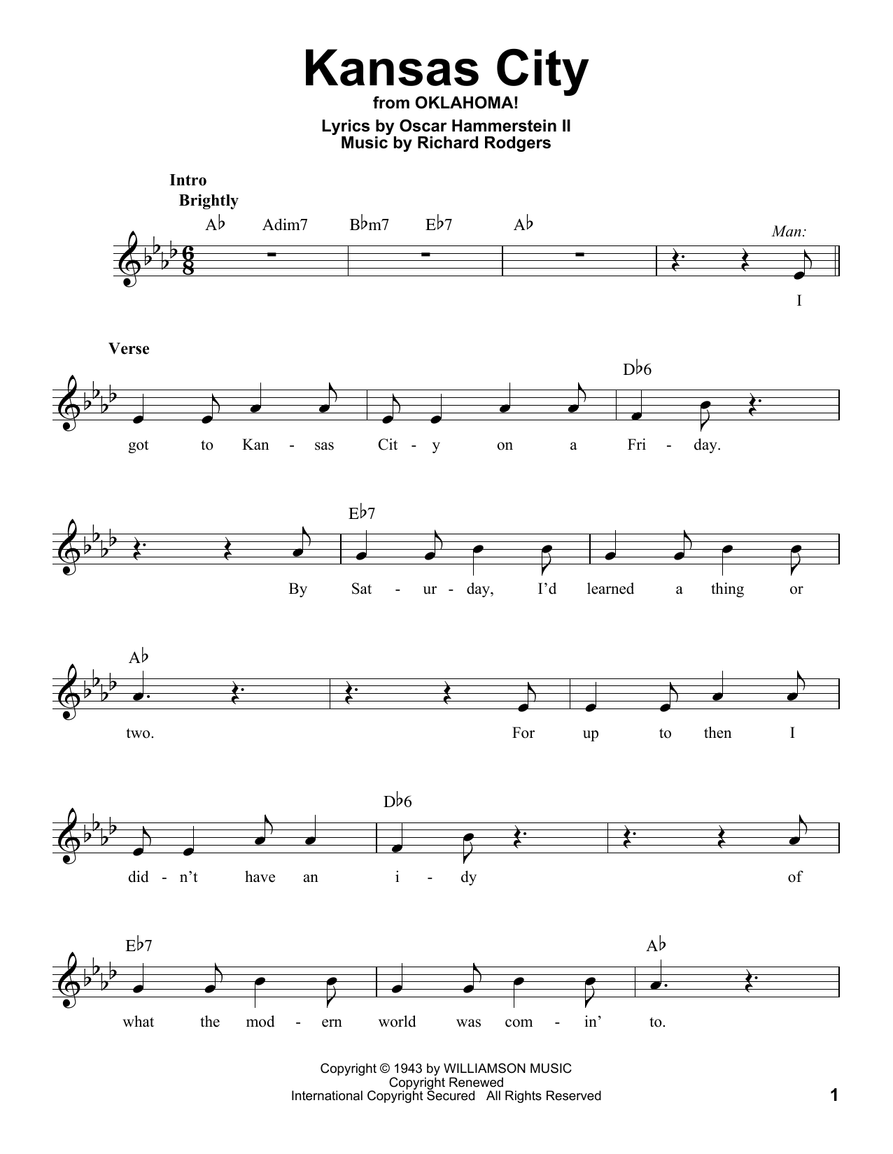 Rodgers & Hammerstein Kansas City (from Oklahoma!) sheet music notes and chords arranged for Pro Vocal