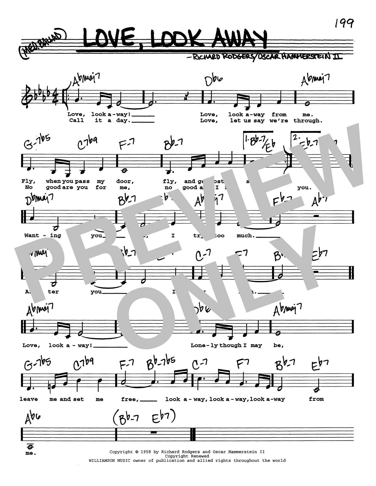 Rodgers & Hammerstein Love, Look Away (Low Voice) sheet music notes and chords arranged for Real Book – Melody, Lyrics & Chords