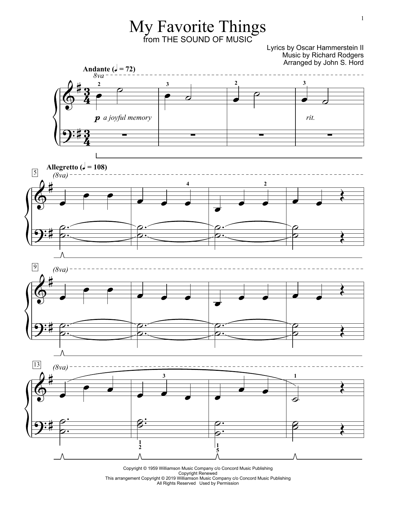 Rodgers & Hammerstein My Favorite Things (from The Sound Of Music) (arr. John S. Hord) sheet music notes and chords arranged for Educational Piano