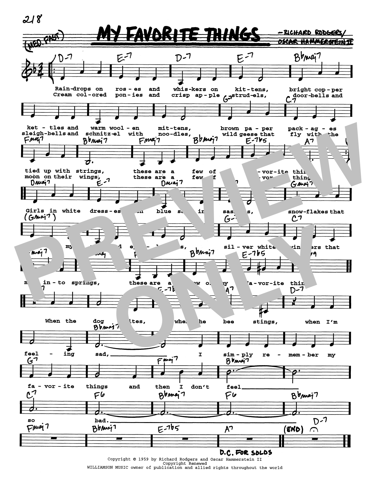 Rodgers & Hammerstein My Favorite Things (from The Sound Of Music) (Low Voice) sheet music notes and chords arranged for Real Book – Melody, Lyrics & Chords