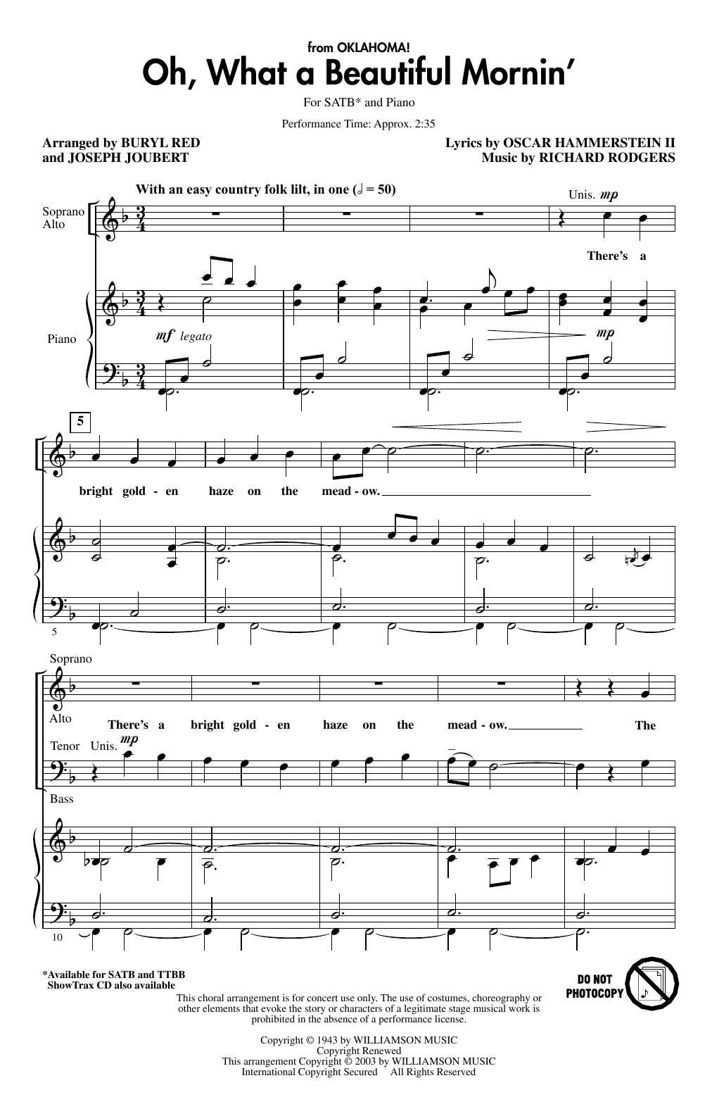 Rodgers & Hammerstein Oh, What A Beautiful Mornin' (from Oklahoma) (arr. Buryl Red & Joseph Joubert) sheet music notes and chords arranged for SATB Choir