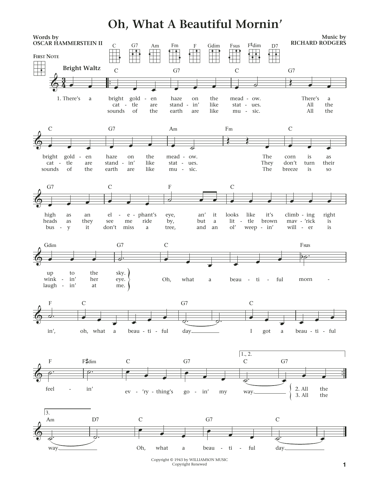 Rodgers & Hammerstein Oh, What A Beautiful Mornin' (from Oklahoma) (from The Daily Ukulele) (arr. Liz and Jim Beloff) sheet music notes and chords arranged for Ukulele