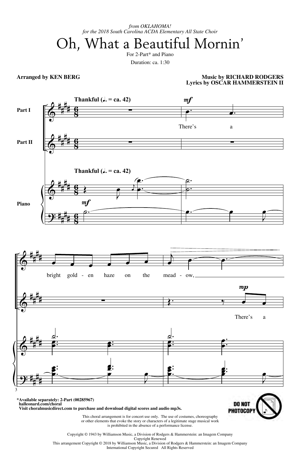 Rodgers & Hammerstein Oh, What A Beautiful Mornin' (from Oklahoma!) (arr. Ken Berg) sheet music notes and chords arranged for 2-Part Choir