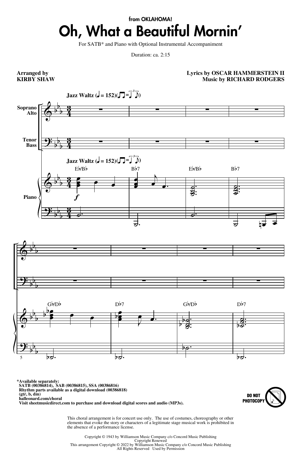 Rodgers & Hammerstein Oh, What A Beautiful Mornin' (from Oklahoma!) (arr. Kirby Shaw) sheet music notes and chords arranged for SSA Choir