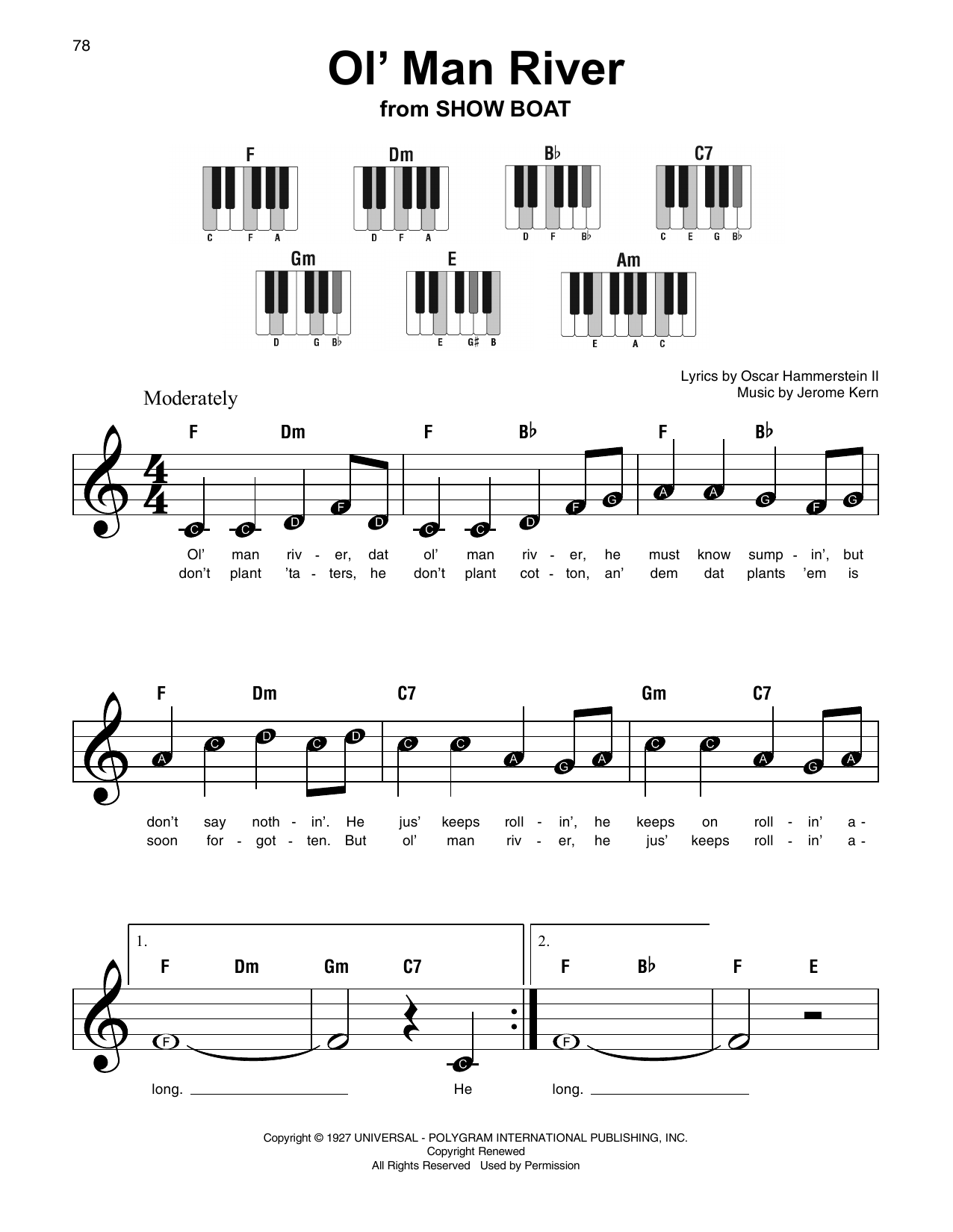 Rodgers & Hammerstein Ol' Man River sheet music notes and chords arranged for Super Easy Piano