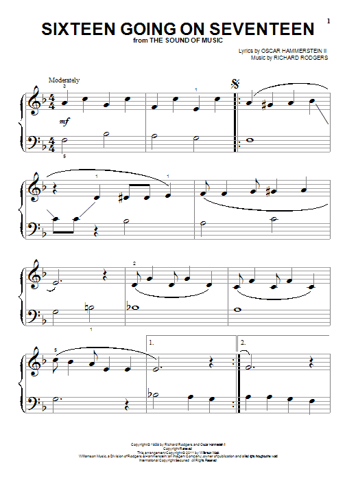 Rodgers & Hammerstein Sixteen Going On Seventeen sheet music notes and chords arranged for Violin Solo