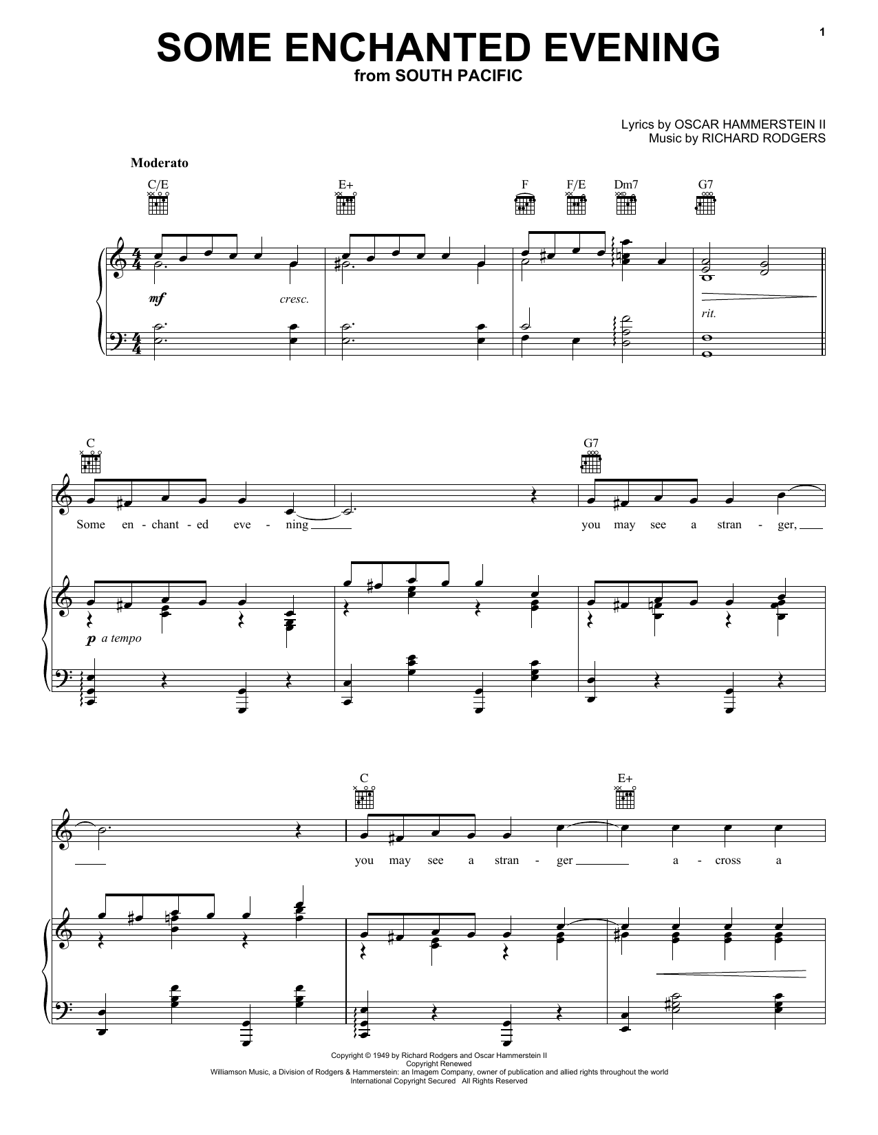 Rodgers & Hammerstein Some Enchanted Evening (from South Pacific) sheet music notes and chords arranged for Piano, Vocal & Guitar Chords (Right-Hand Melody)