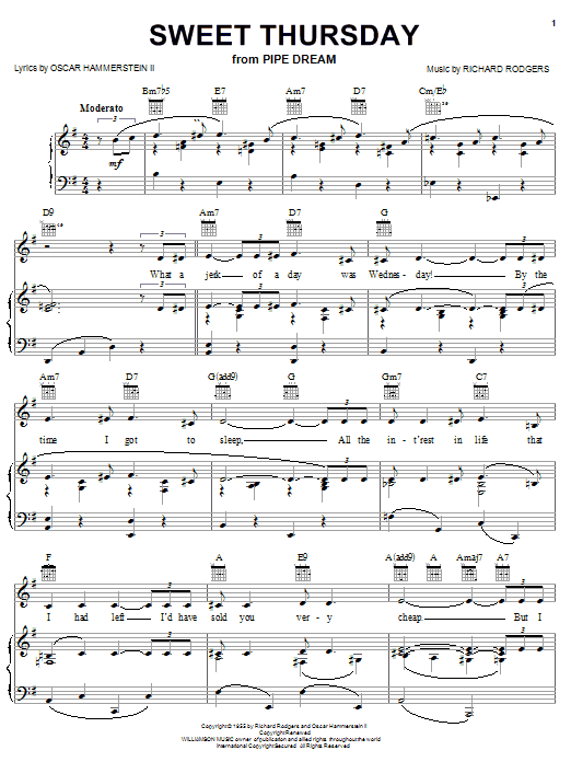 Rodgers & Hammerstein Sweet Thursday sheet music notes and chords arranged for Piano, Vocal & Guitar Chords (Right-Hand Melody)