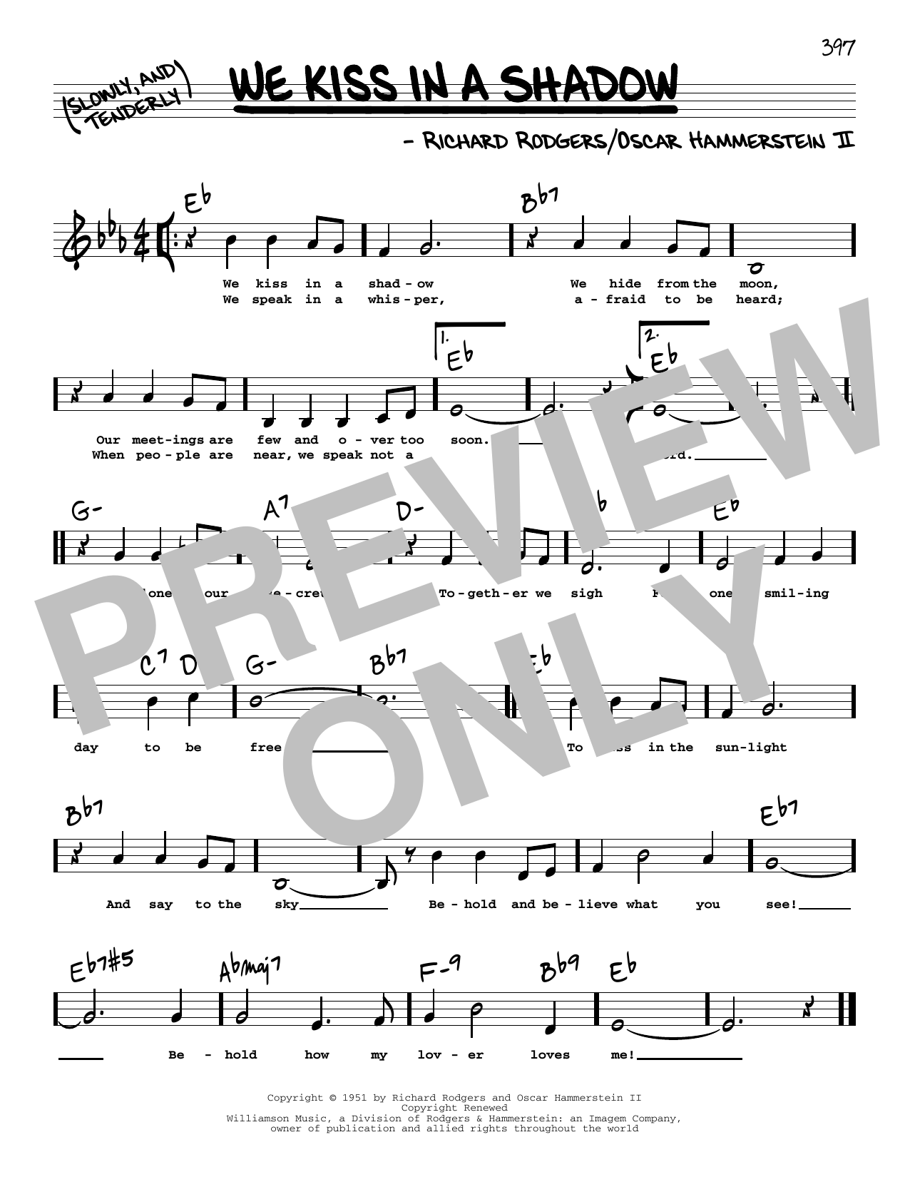 Rodgers & Hammerstein We Kiss In A Shadow (Low Voice) sheet music notes and chords arranged for Real Book – Melody, Lyrics & Chords