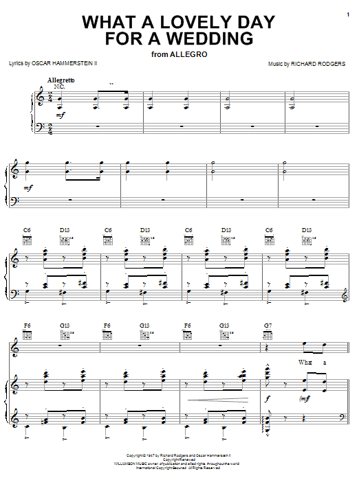 Rodgers & Hammerstein What A Lovely Day For A Wedding sheet music notes and chords arranged for Piano, Vocal & Guitar Chords (Right-Hand Melody)