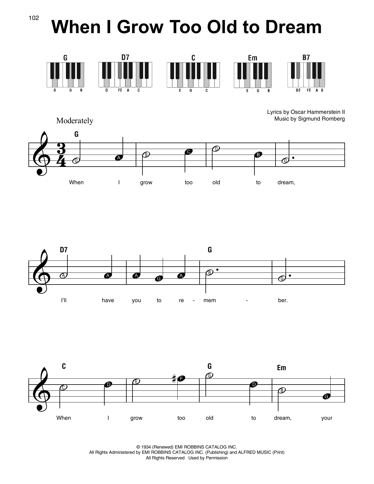 Rodgers & Hammerstein When I Grow Too Old To Dream sheet music notes and chords arranged for Super Easy Piano