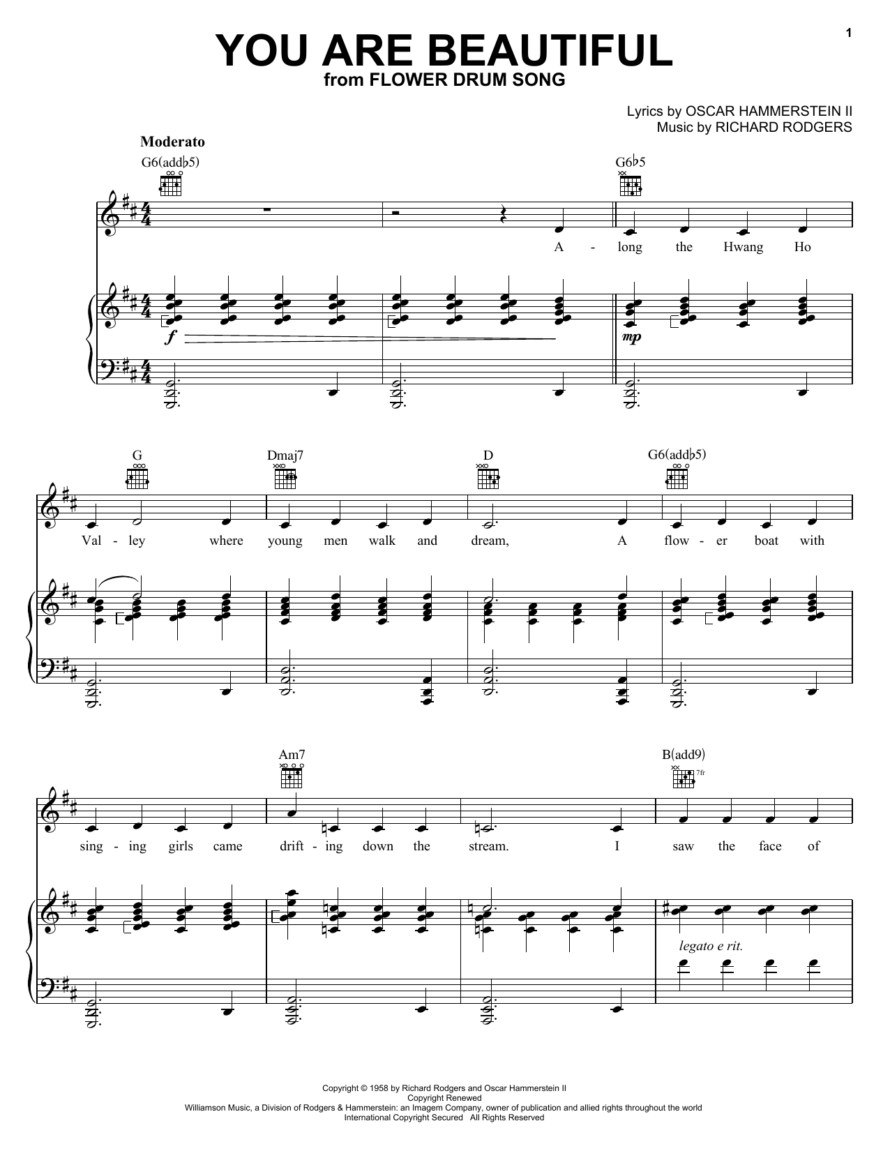 Rodgers & Hammerstein You Are Beautiful sheet music notes and chords arranged for Piano, Vocal & Guitar Chords (Right-Hand Melody)