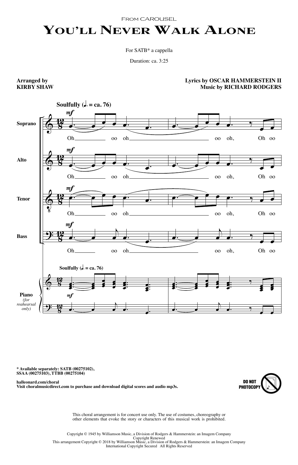 Rodgers & Hammerstein You'll Never Walk Alone (arr. Kirby Shaw) sheet music notes and chords arranged for SATB Choir