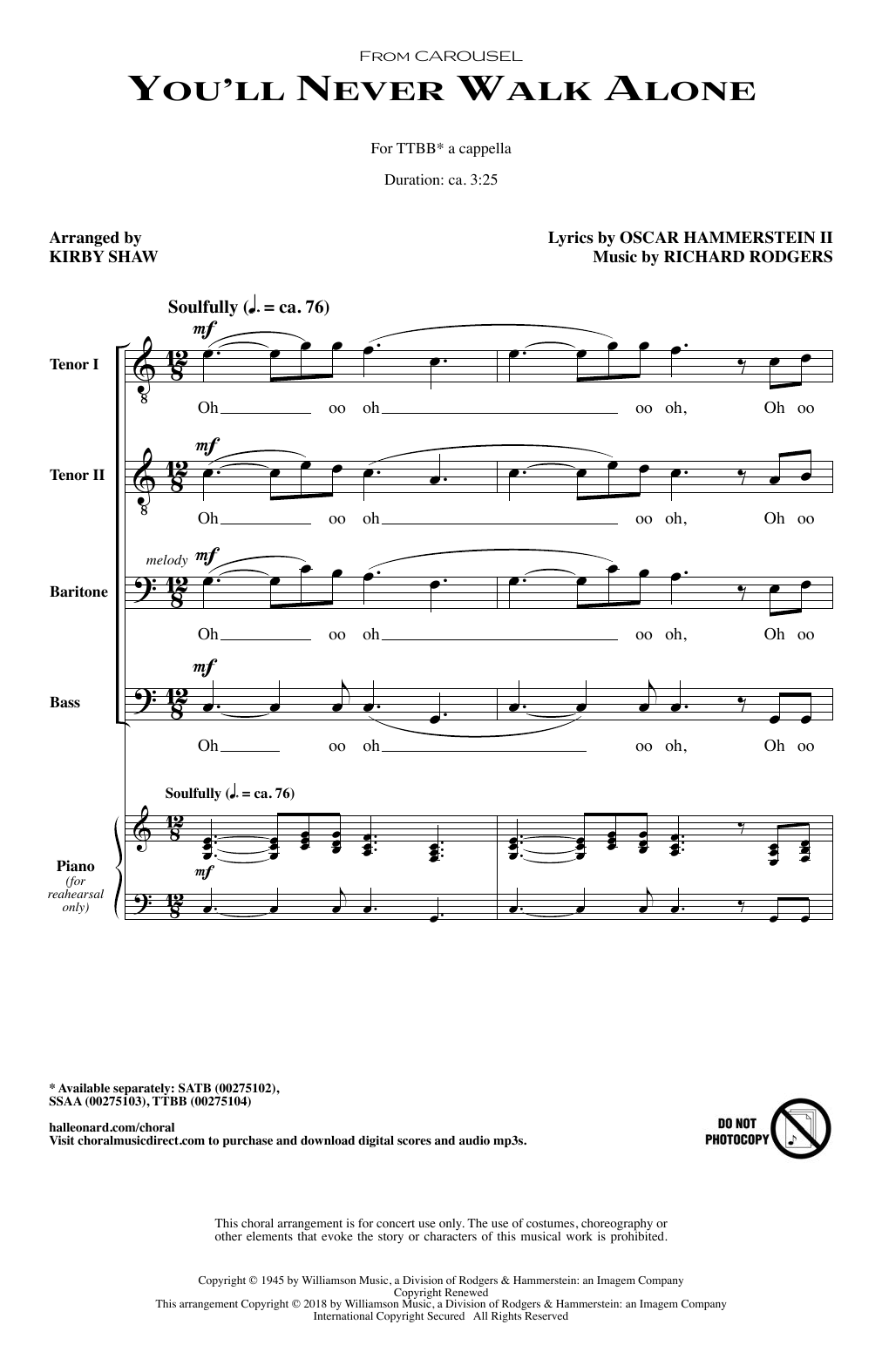 Kirby Shaw You'll Never Walk Alone sheet music notes and chords arranged for TTBB Choir