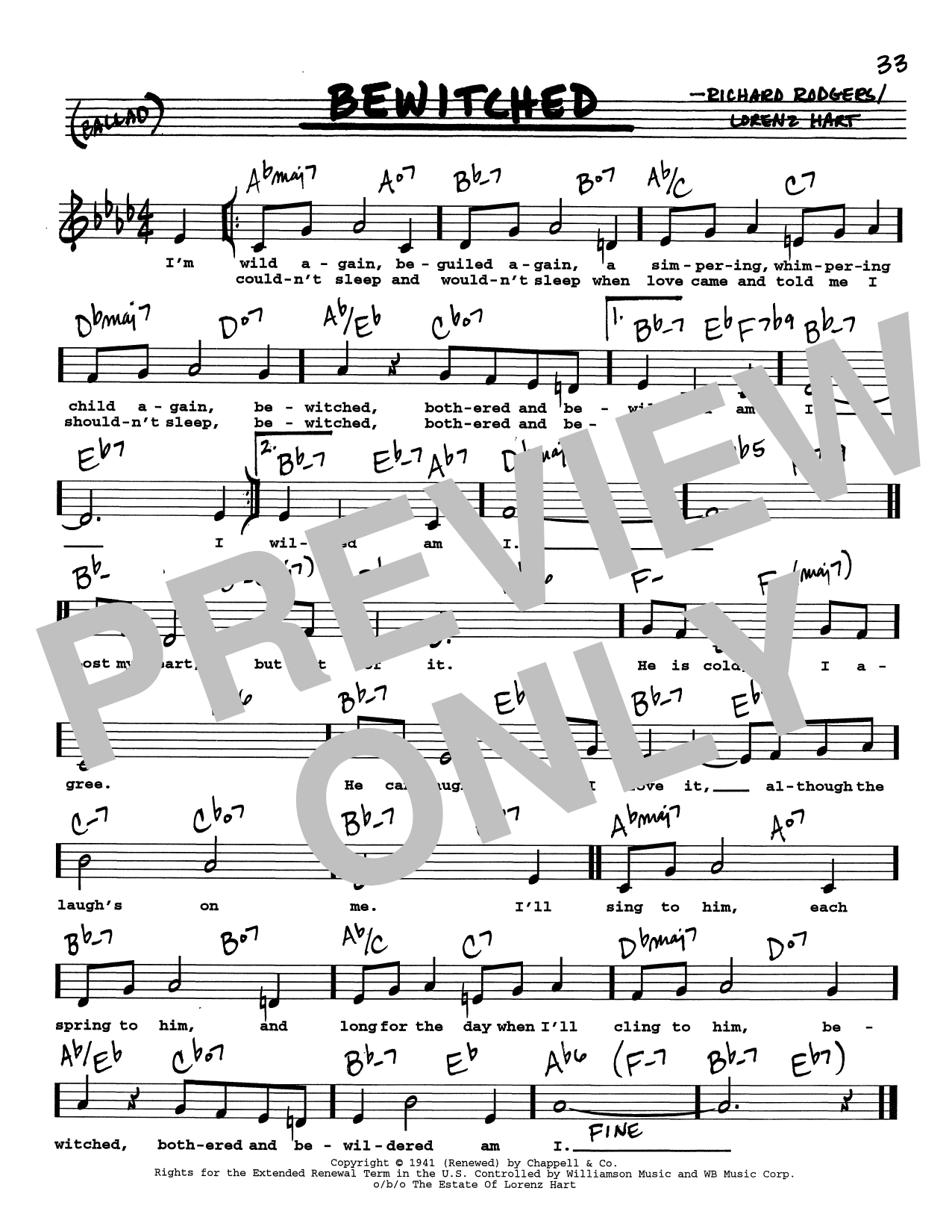 Rodgers & Hart Bewitched (Low Voice) sheet music notes and chords arranged for Real Book – Melody, Lyrics & Chords