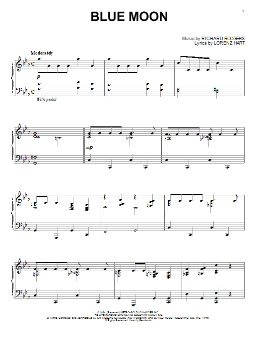 Rodgers & Hart Blue Moon sheet music notes and chords arranged for Piano Transcription