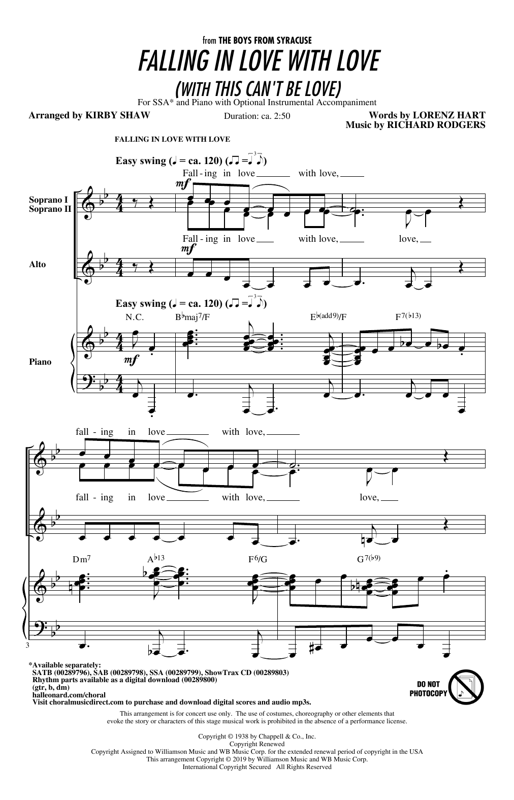 Rodgers & Hart Falling In Love With Love (with This Can't Be Love) (arr. Kirby Shaw) sheet music notes and chords arranged for SSA Choir