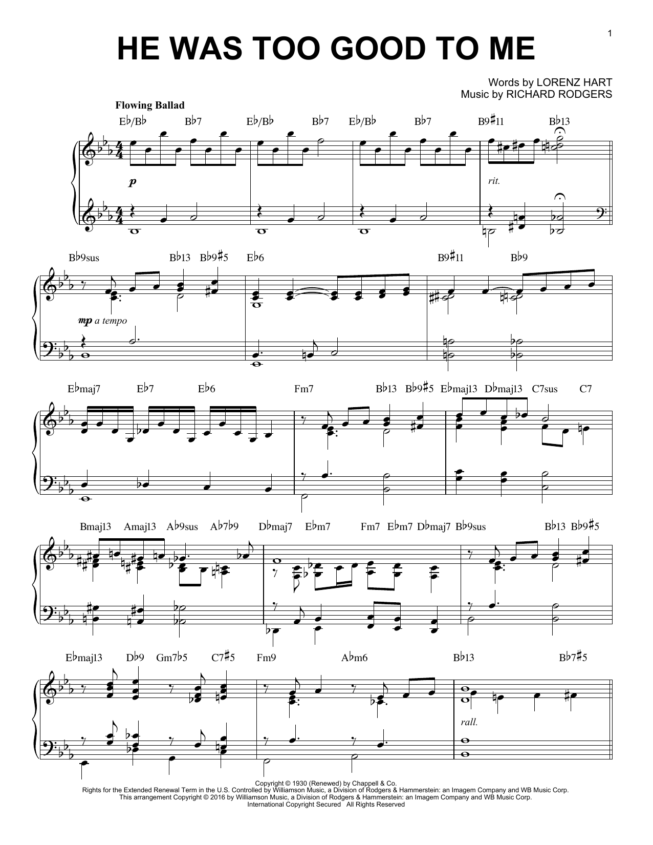 Rodgers & Hart He Was Too Good To Me [Jazz version] (arr. Brent Edstrom) sheet music notes and chords arranged for Piano Solo