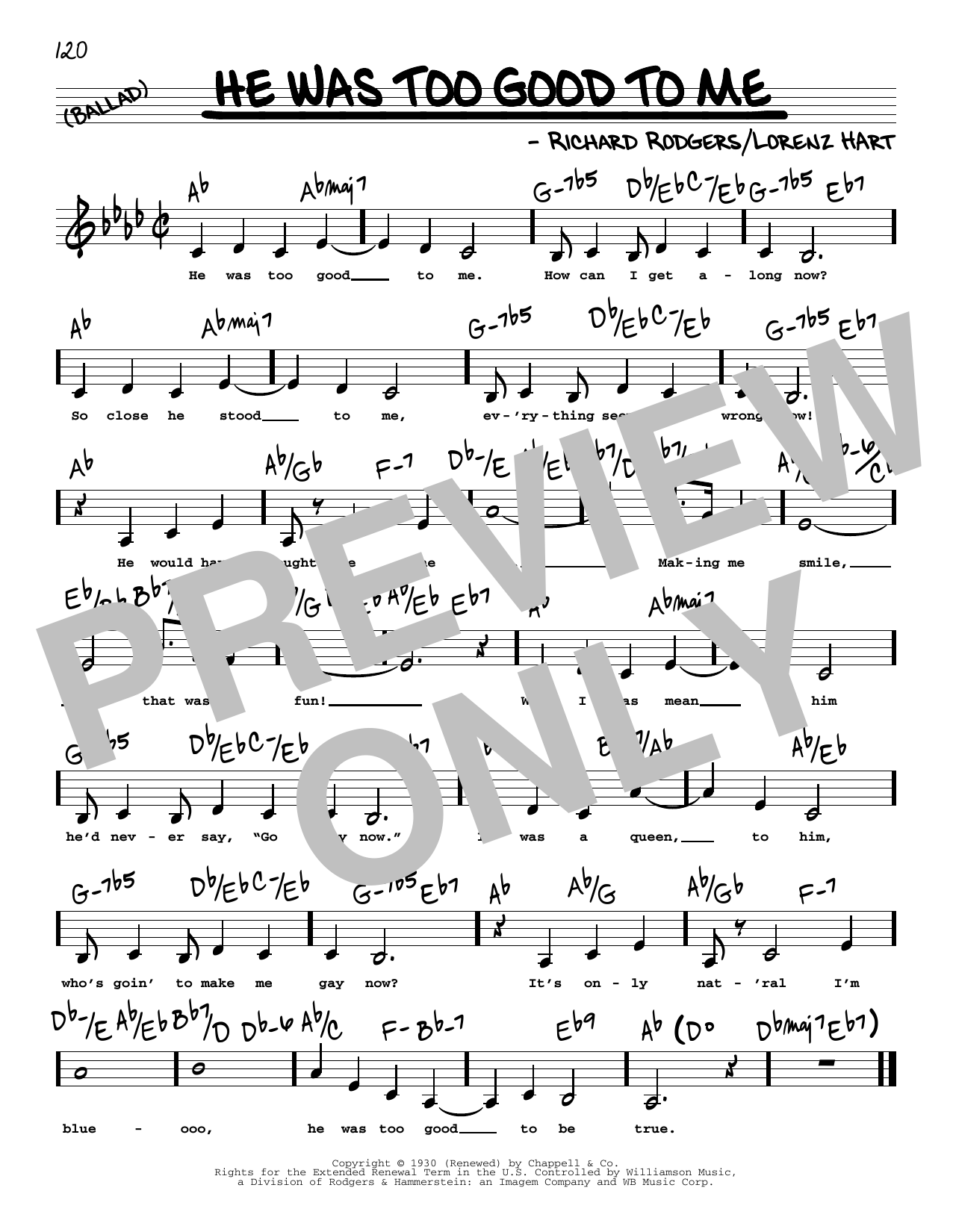 Rodgers & Hart He Was Too Good To Me (Low Voice) sheet music notes and chords arranged for Real Book – Melody, Lyrics & Chords