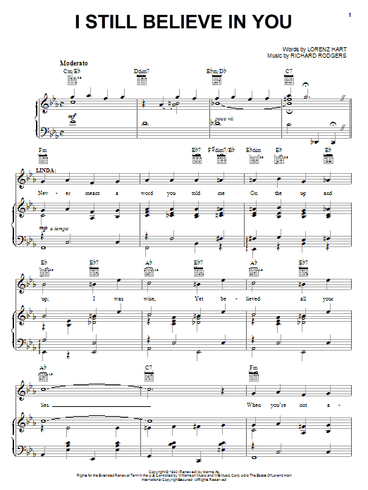 Rodgers & Hart I Still Believe In You sheet music notes and chords arranged for Piano, Vocal & Guitar Chords (Right-Hand Melody)