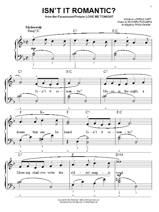 Rodgers & Hart Isn't It Romantic? (arr. Phillip Keveren) sheet music notes and chords arranged for Easy Piano