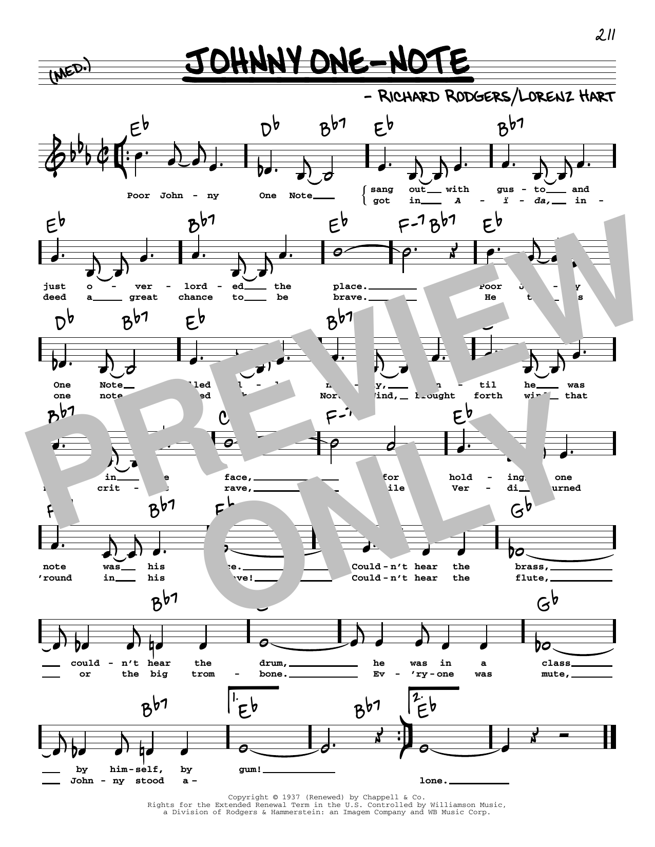Rodgers & Hart Johnny One-Note (Low Voice) sheet music notes and chords arranged for Real Book – Melody, Lyrics & Chords