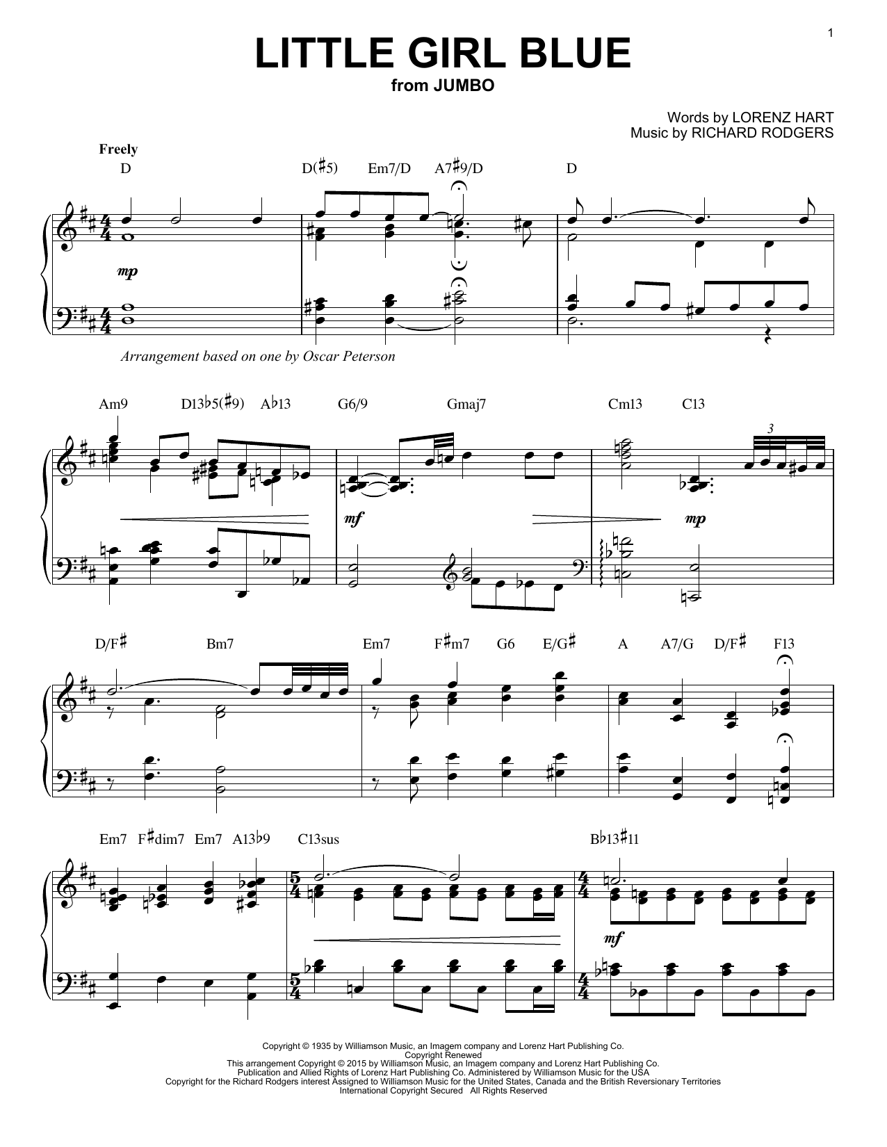 Rodgers & Hart Little Girl Blue [Jazz version] (arr. Brent Edstrom) sheet music notes and chords arranged for Piano Solo