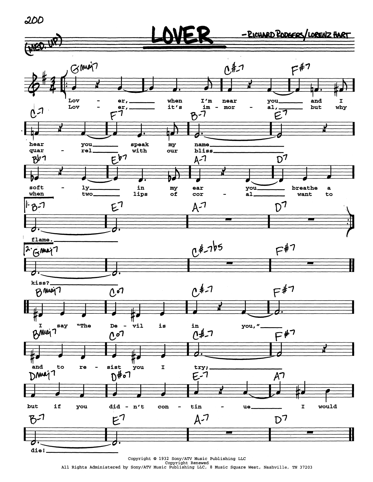 Rodgers & Hart Lover (Low Voice) sheet music notes and chords arranged for Real Book – Melody, Lyrics & Chords