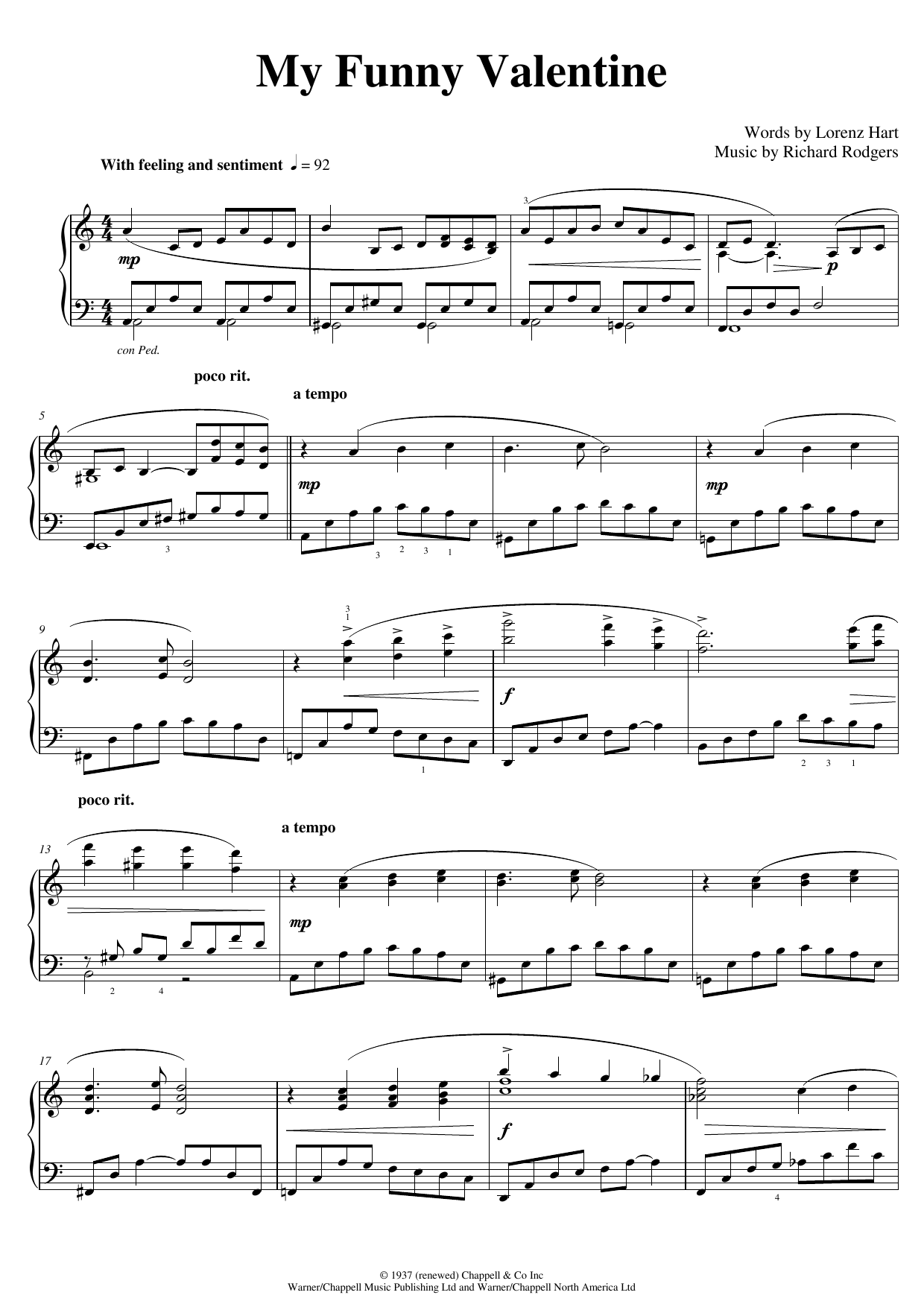 Rodgers & Hart My Funny Valentine (arr. Pam Wedgwood) sheet music notes and chords arranged for Piano Solo