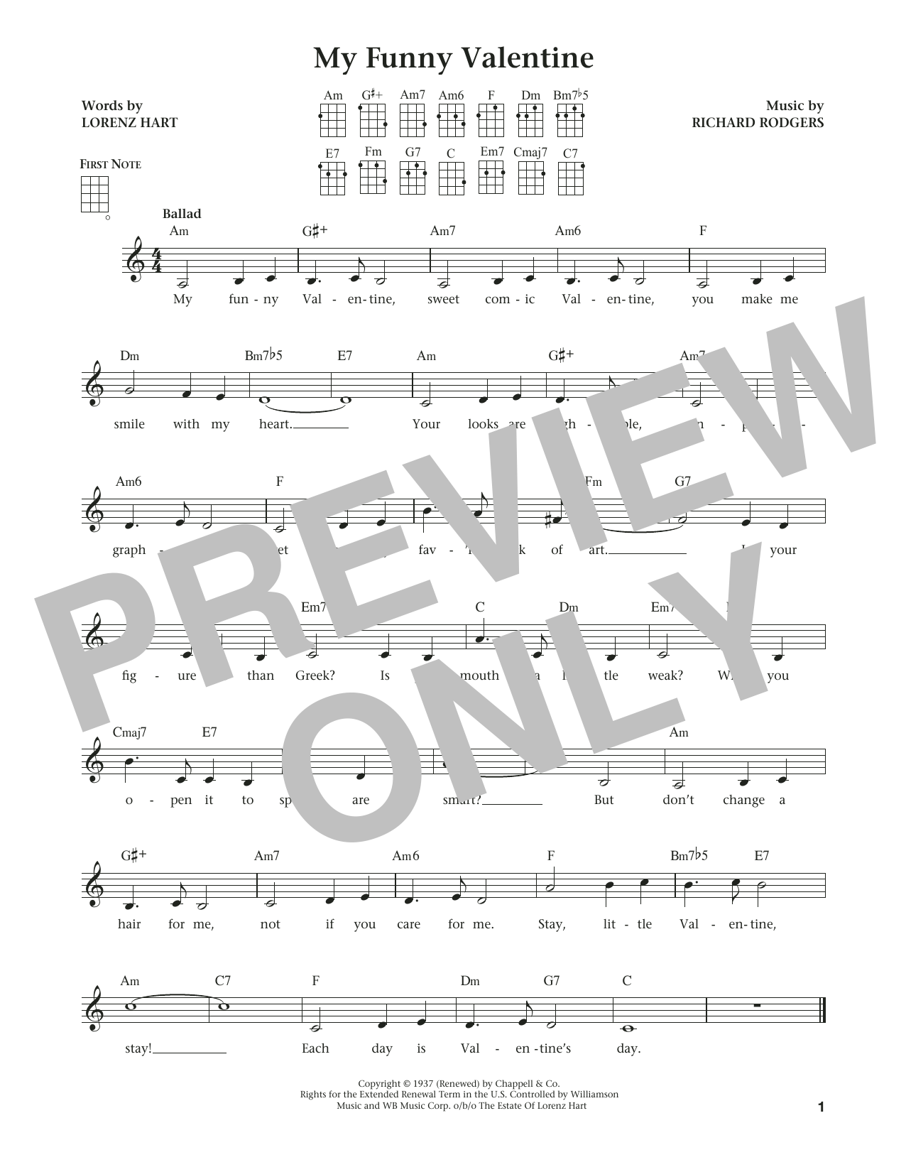 Rodgers & Hart My Funny Valentine (from The Daily Ukulele) (arr. Liz and Jim Beloff) sheet music notes and chords arranged for Ukulele