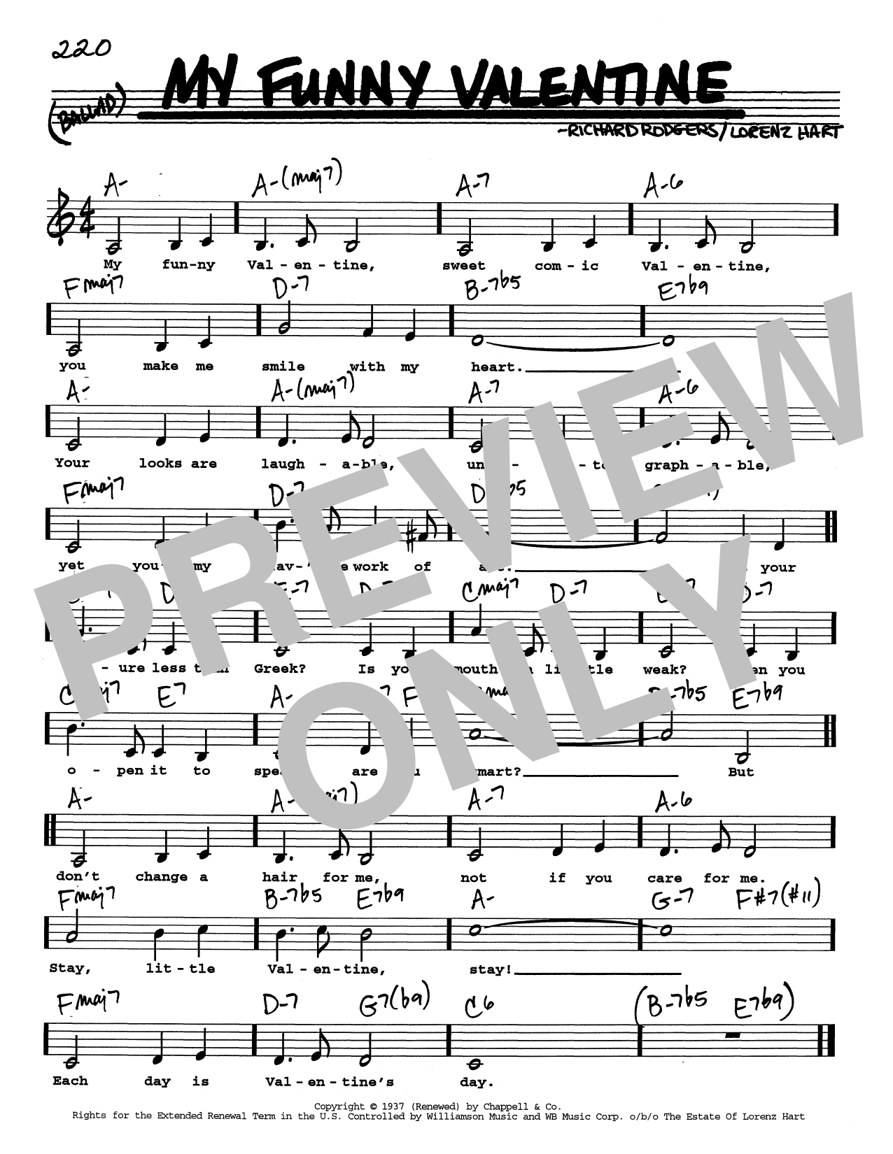 Rodgers & Hart My Funny Valentine (Low Voice) sheet music notes and chords arranged for Real Book – Melody, Lyrics & Chords