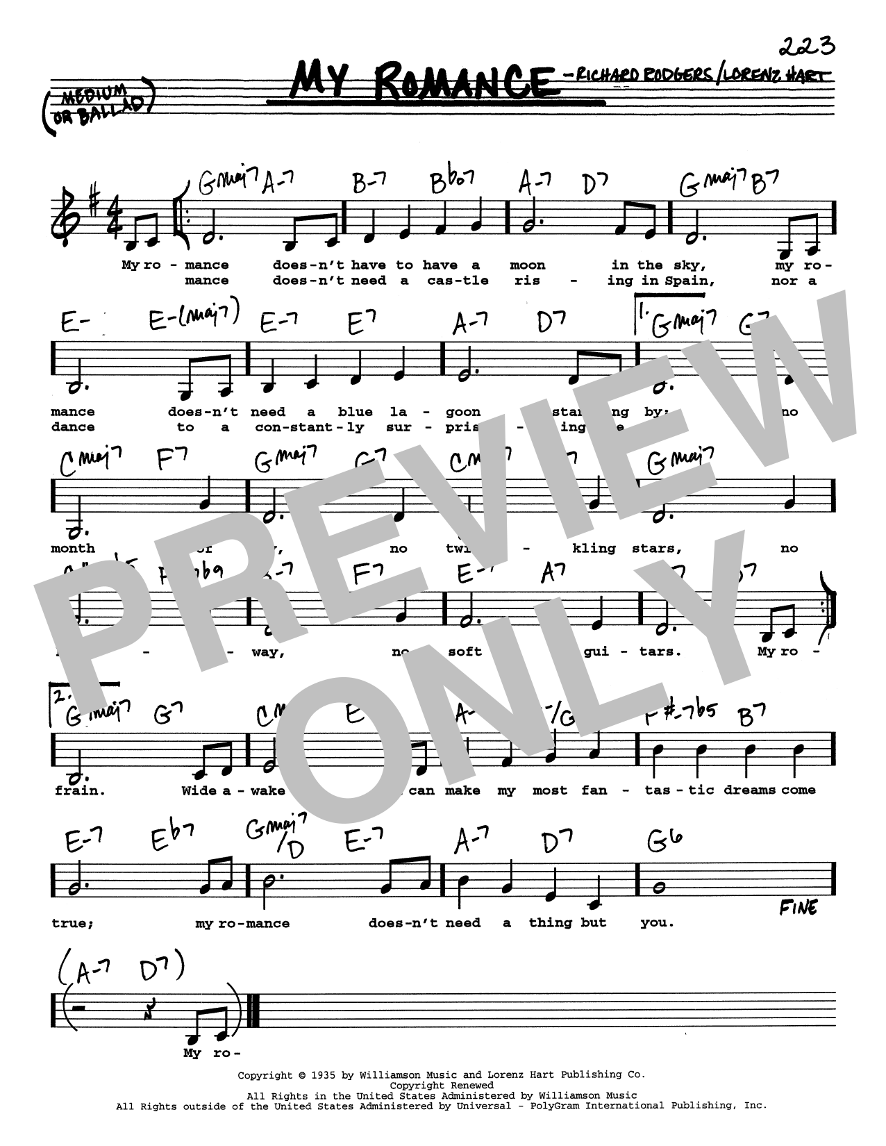 Rodgers & Hart My Romance (Low Voice) sheet music notes and chords arranged for Real Book – Melody, Lyrics & Chords