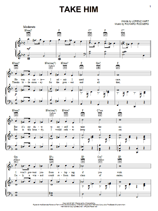 Rodgers & Hart Take Him sheet music notes and chords arranged for Piano, Vocal & Guitar Chords (Right-Hand Melody)