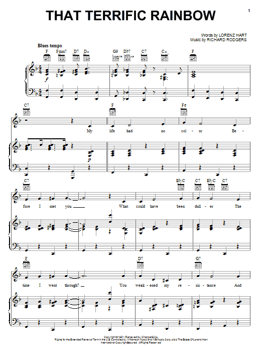 Rodgers & Hart That Terrific Rainbow sheet music notes and chords arranged for Piano, Vocal & Guitar Chords (Right-Hand Melody)