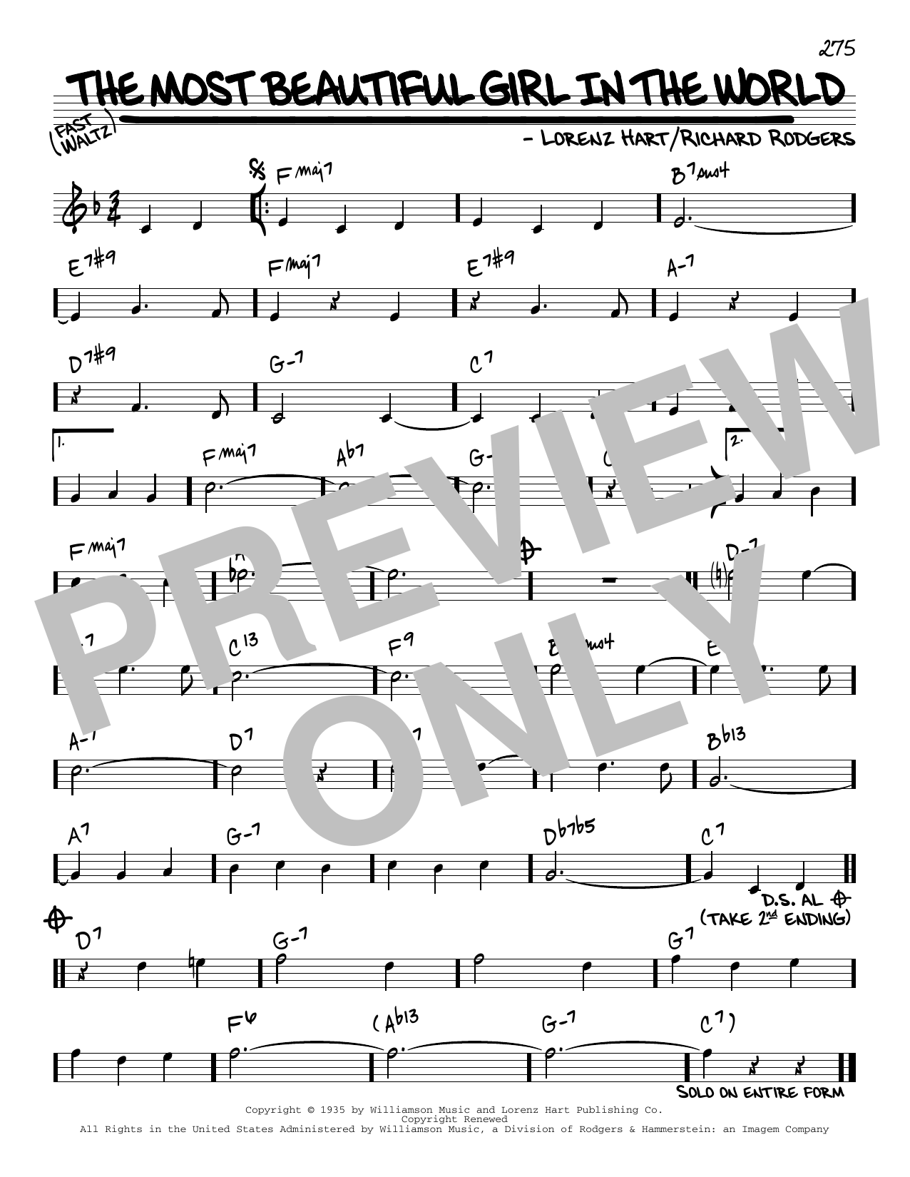 Rodgers & Hart The Most Beautiful Girl In The World [Reharmonized version] (arr. Jack Grassel) sheet music notes and chords arranged for Real Book – Melody & Chords