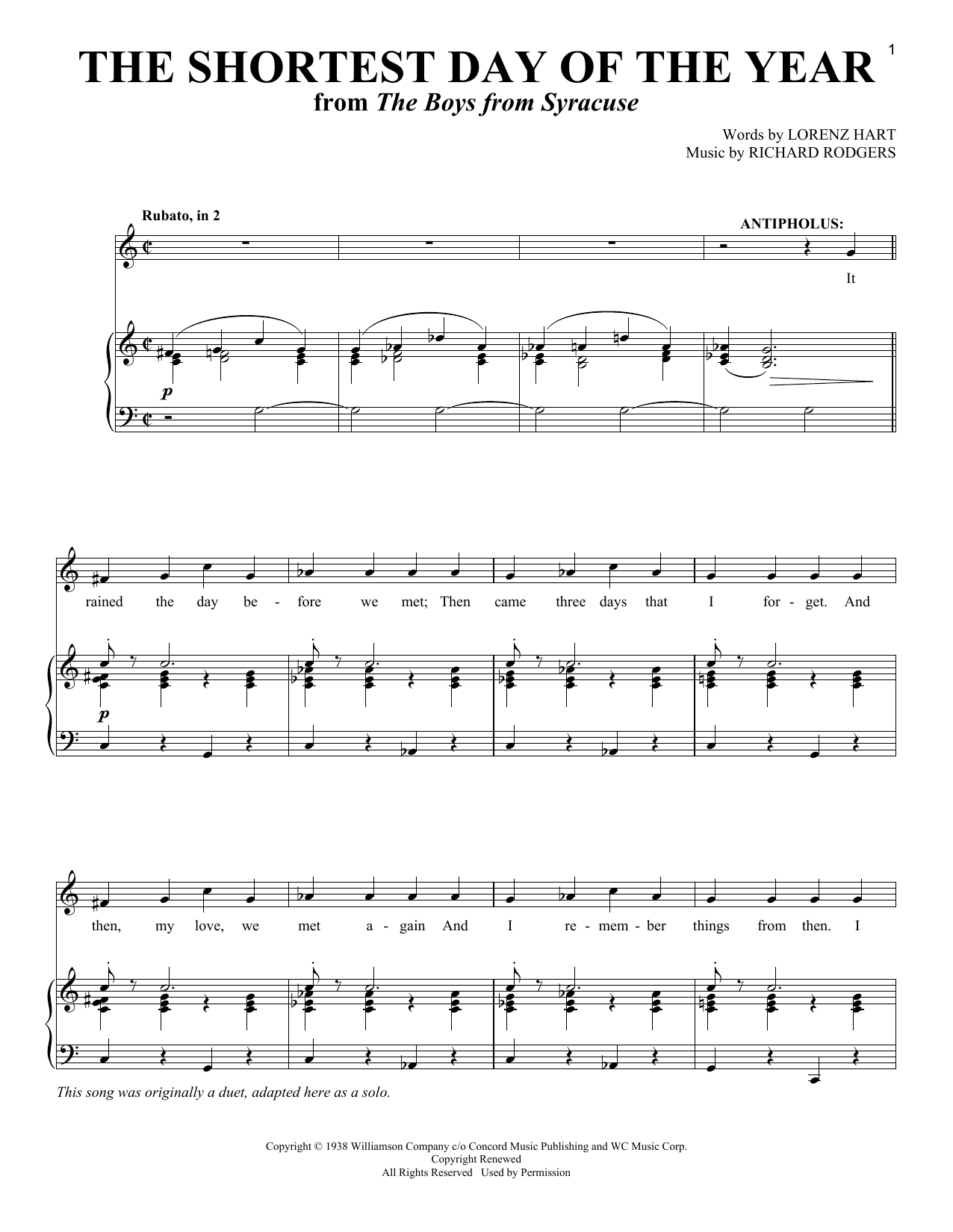 Rodgers & Hart The Shortest Day Of The Year (from The Boys From Syracuse) sheet music notes and chords arranged for Piano & Vocal