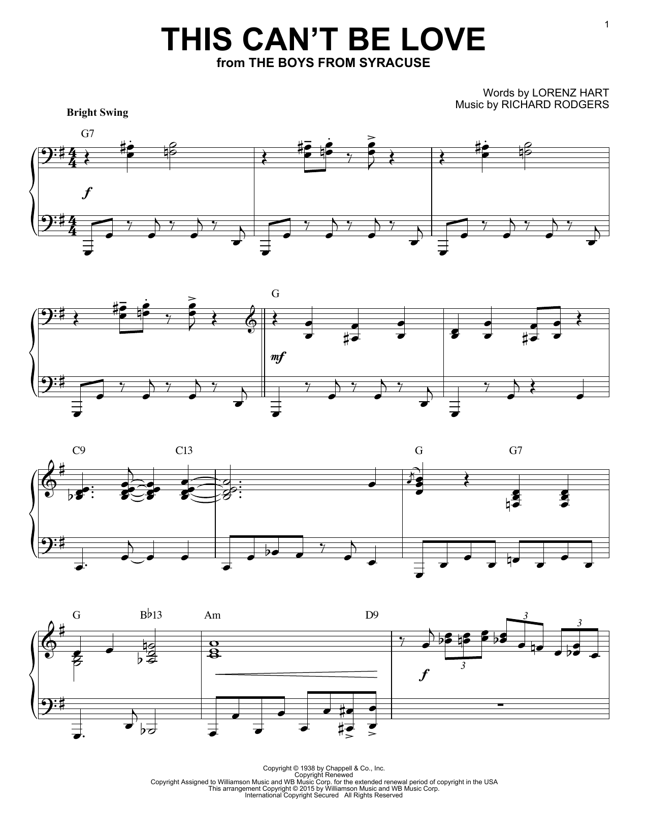 Rodgers & Hart This Can't Be Love [Jazz version] (arr. Brent Edstrom) sheet music notes and chords arranged for Piano Solo