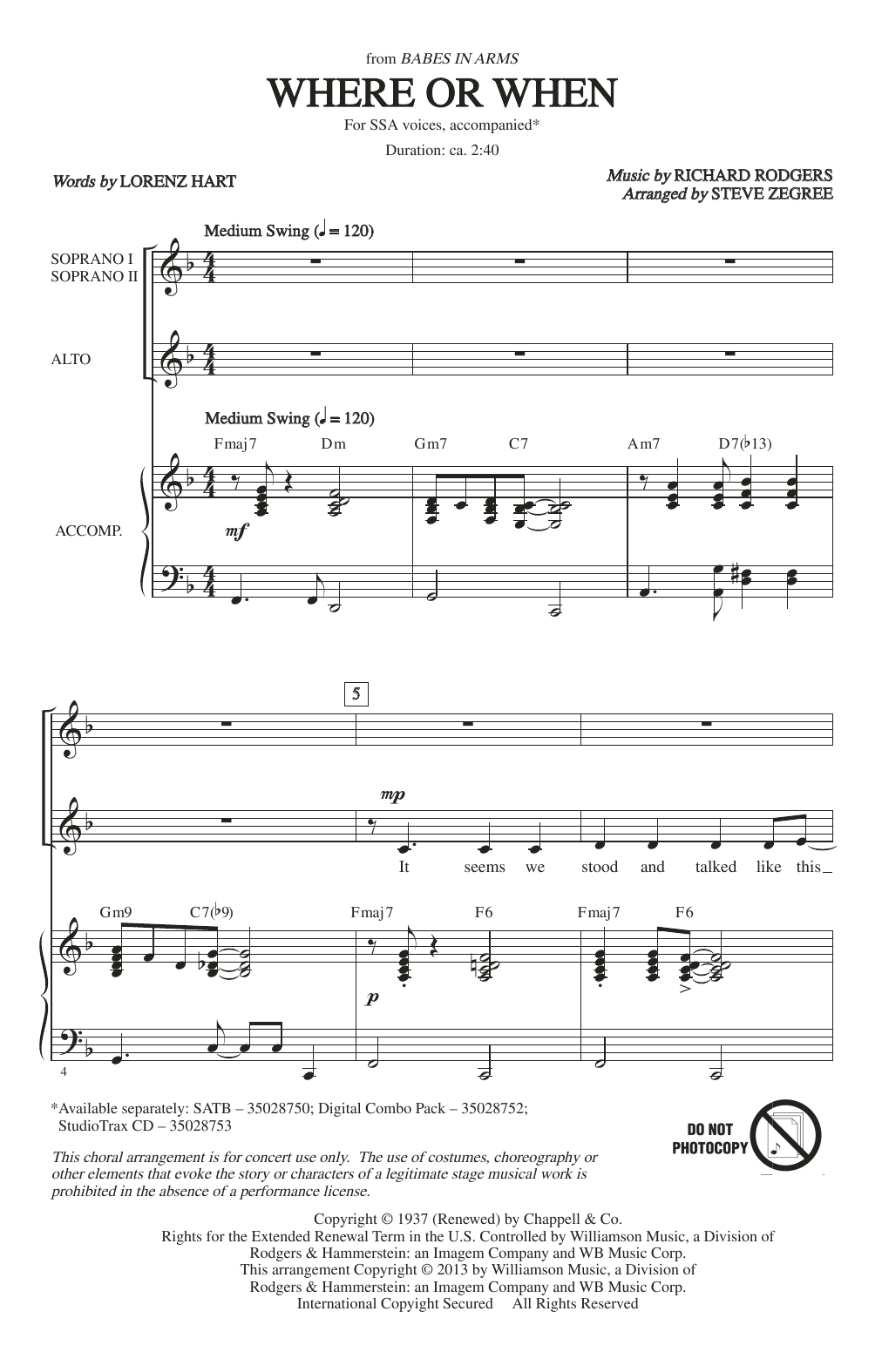 Rodgers & Hart Where Or When (from Babes In Arms) (arr. Steve Zegree) sheet music notes and chords arranged for SATB Choir