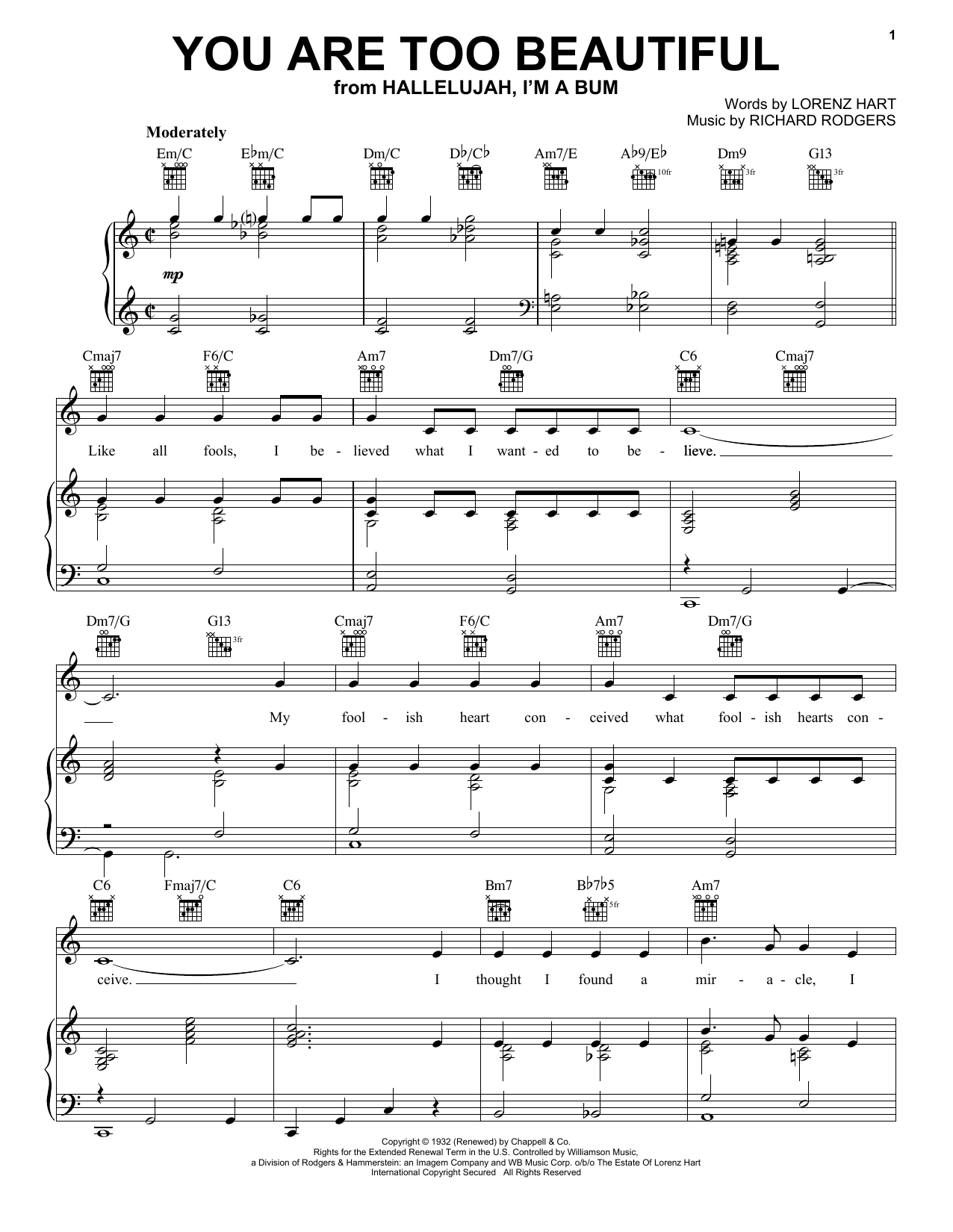 Rodgers & Hart You Are Too Beautiful sheet music notes and chords arranged for Trombone Solo