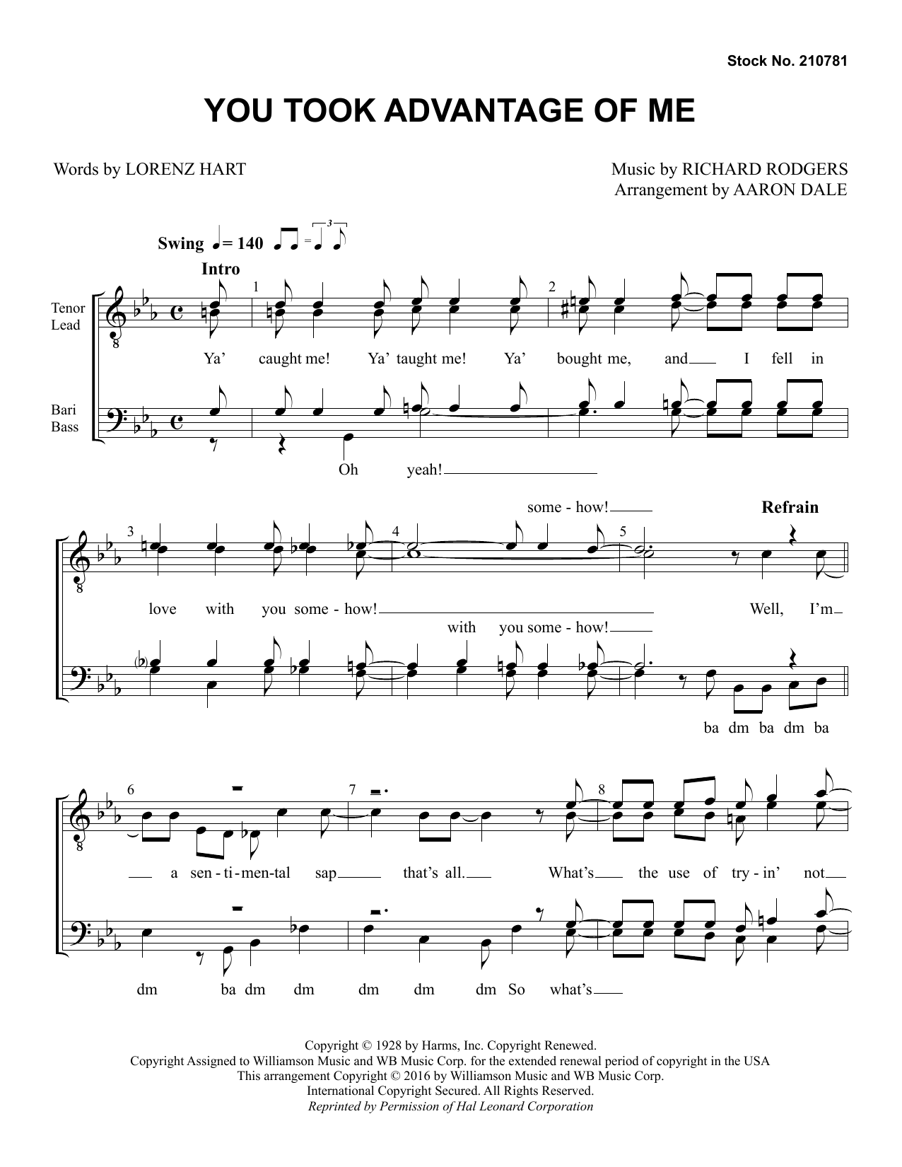 Rodgers & Hart You Took Advantage of Me (arr. Aaron Dale) sheet music notes and chords arranged for TTBB Choir