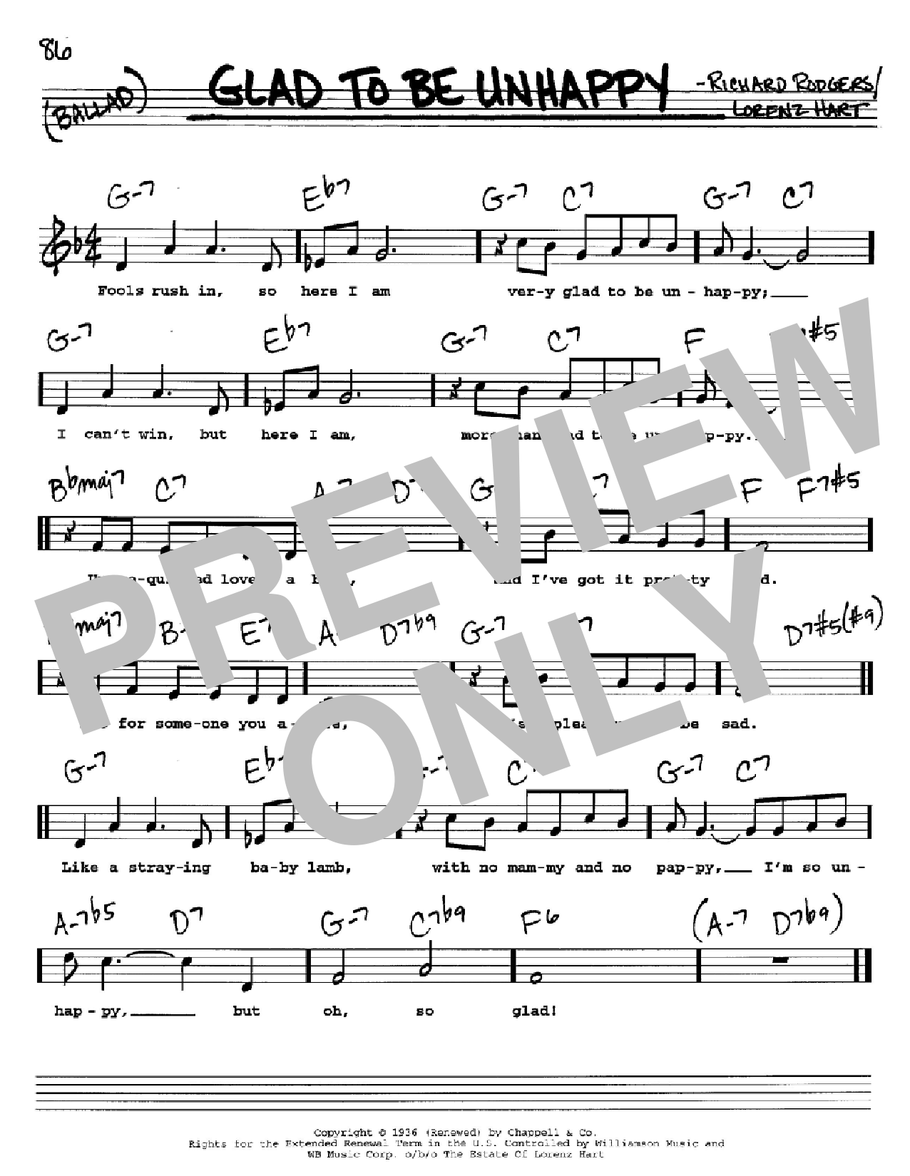 Rodgers & Hart Glad To Be Unhappy sheet music notes and chords arranged for Real Book – Melody, Lyrics & Chords