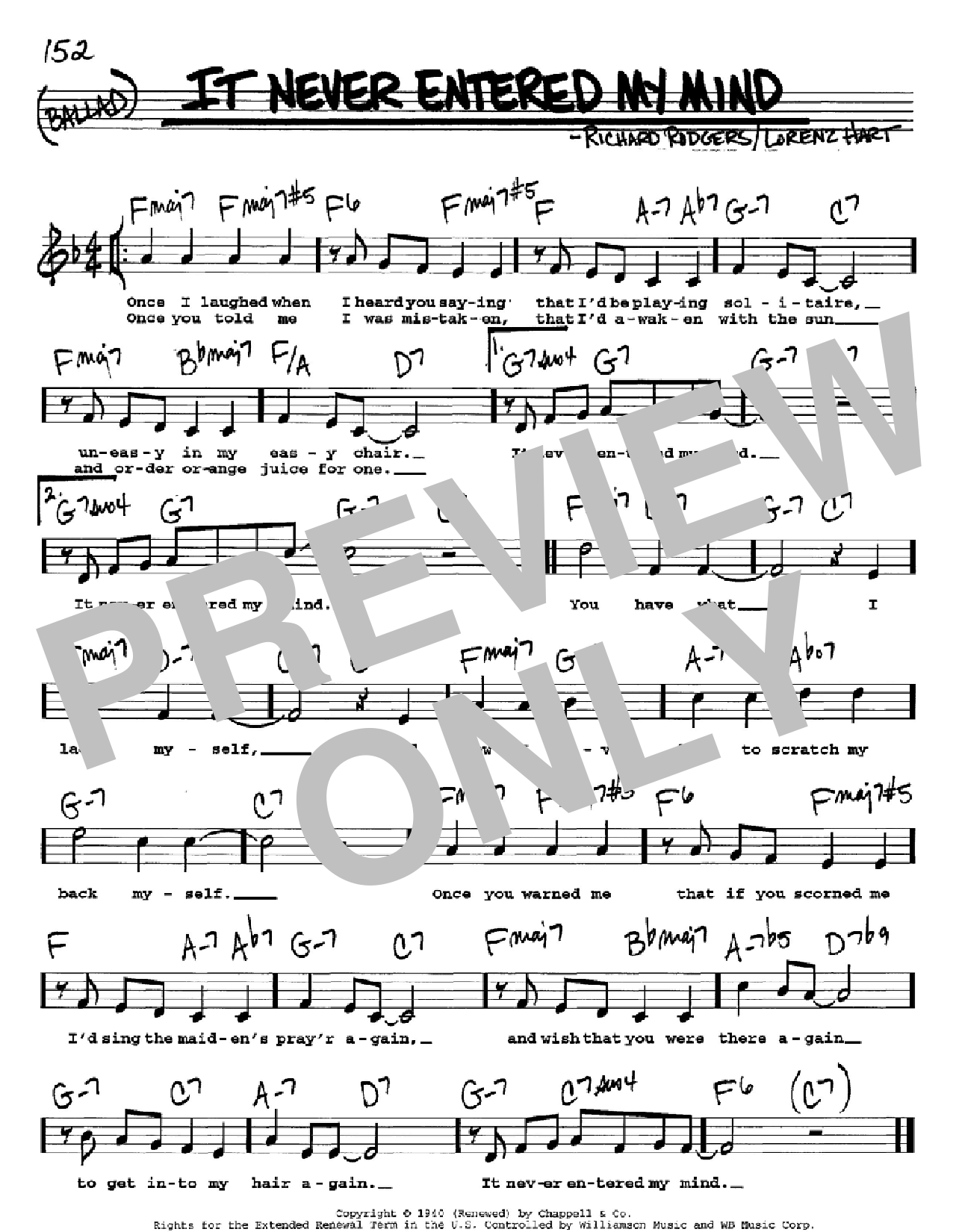 Rodgers & Hart It Never Entered My Mind sheet music notes and chords arranged for Real Book – Melody, Lyrics & Chords