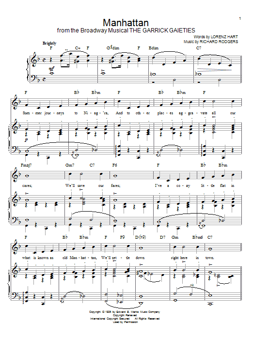 Rodgers & Hart Manhattan sheet music notes and chords arranged for Piano, Vocal & Guitar Chords (Right-Hand Melody)