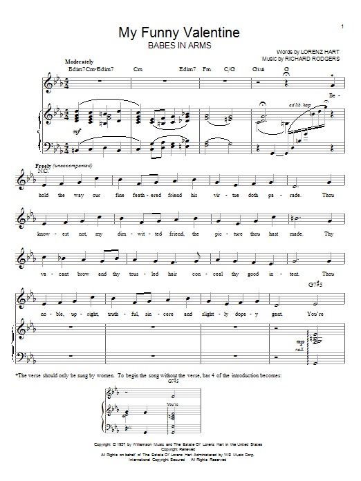 Rodgers & Hart My Funny Valentine sheet music notes and chords arranged for Real Book – Melody, Lyrics & Chords