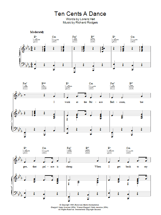 Rodgers & Hart Ten Cents A Dance sheet music notes and chords arranged for Piano, Vocal & Guitar Chords (Right-Hand Melody)