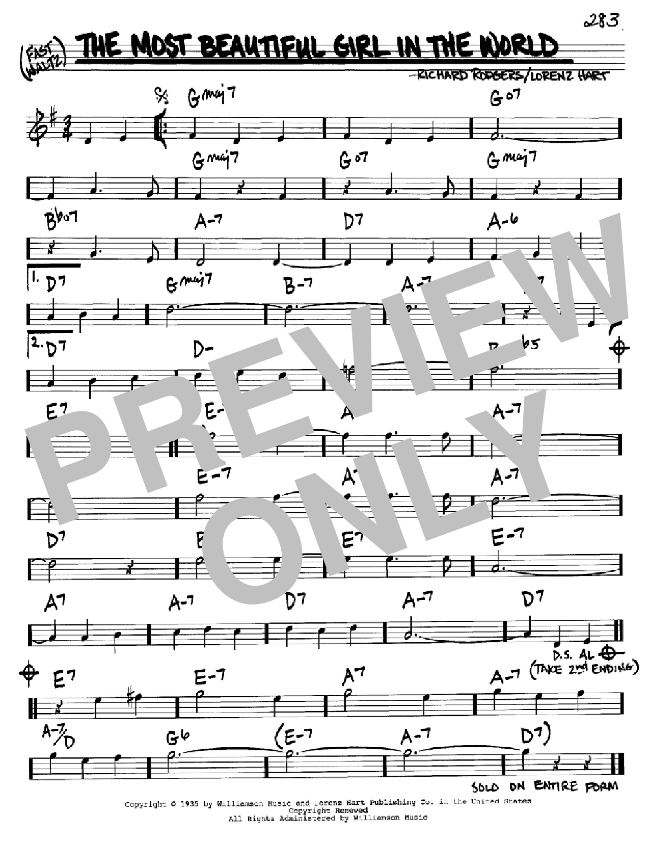 Rodgers & Hart The Most Beautiful Girl In The World sheet music notes and chords arranged for Real Book – Melody & Chords – Bb Instruments