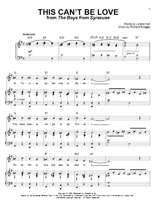 Rodgers & Hart This Can't Be Love sheet music notes and chords arranged for Piano & Vocal