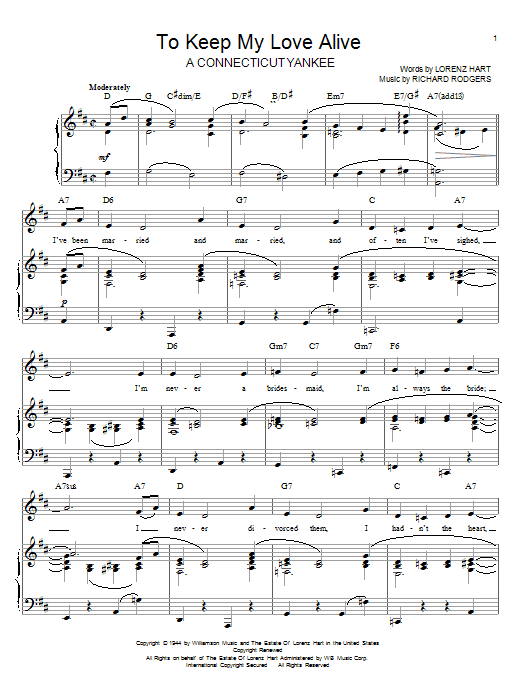 Rodgers & Hart To Keep My Love Alive sheet music notes and chords arranged for Piano, Vocal & Guitar Chords (Right-Hand Melody)