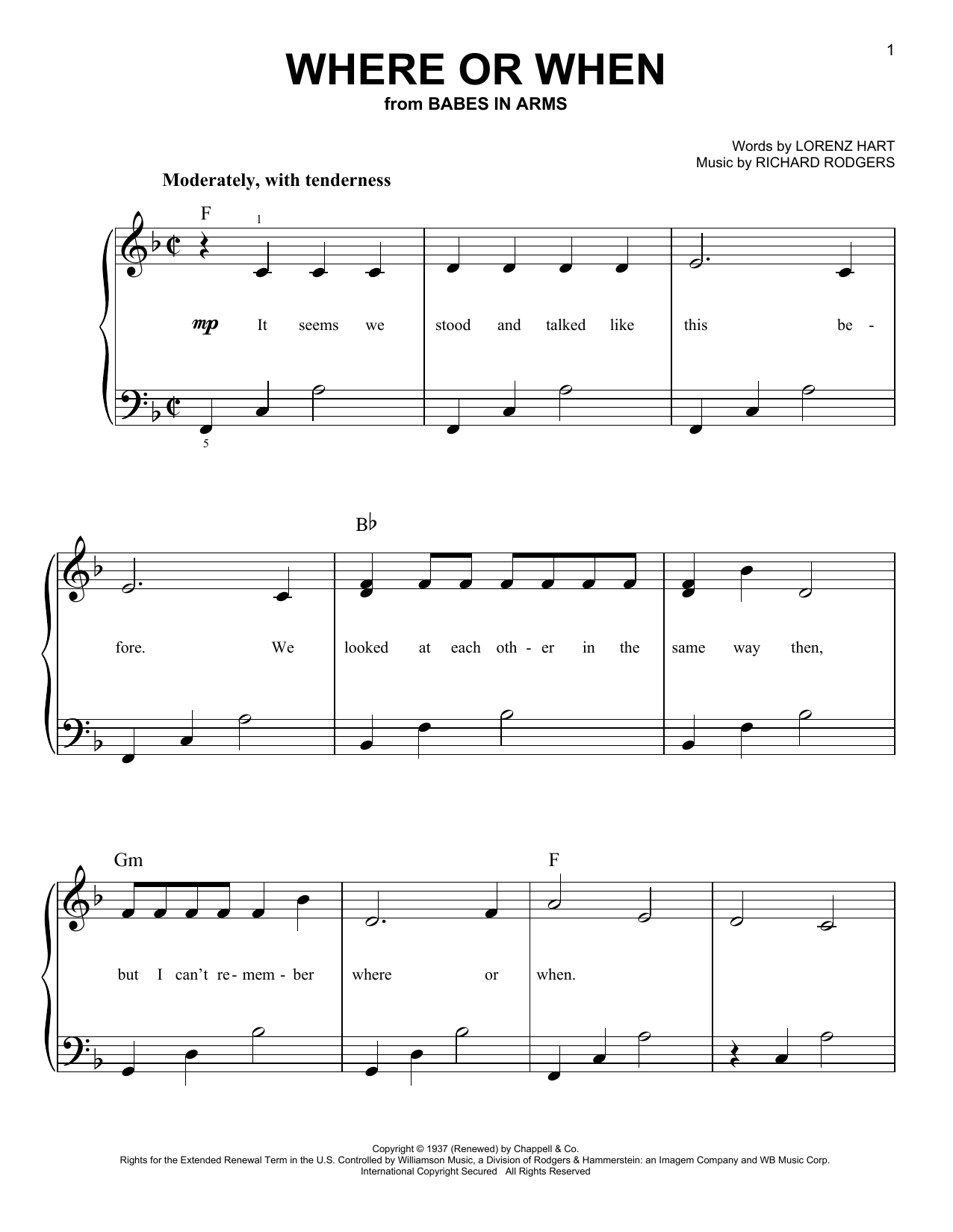 Rodgers & Hart Where Or When sheet music notes and chords arranged for Easy Piano
