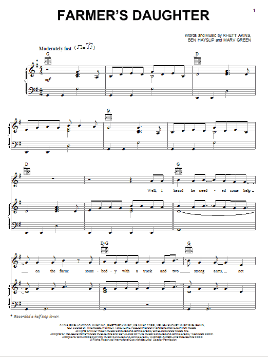 Rodney Atkins Farmer's Daughter sheet music notes and chords arranged for Piano, Vocal & Guitar Chords (Right-Hand Melody)